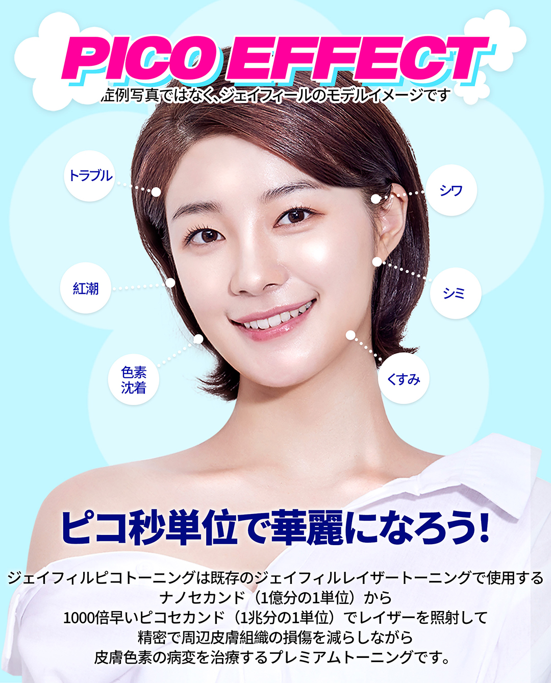 気になるくすみ、そばかすなどの色素治療に!
美白ピコトーニング&選んで受ける肌管理
-ピコトーニングで正確に色素分子だけを破壊し周辺組織のダメージを軽減
-痛みとダウンタイムは少なく、効果はUP
-肌の状態やお悩みに合った管理でシナジー効果
