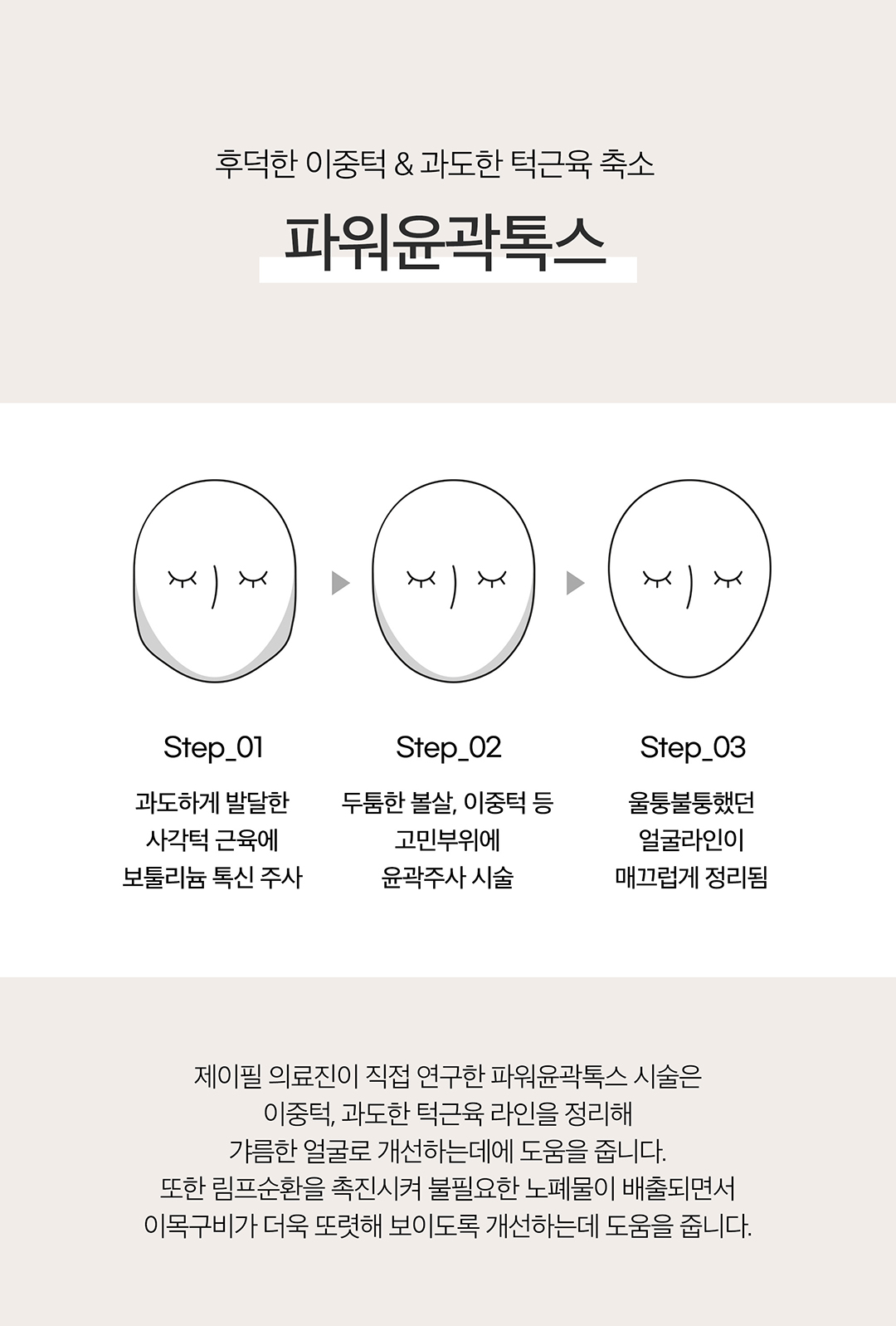 어느각도에서나 예쁘게 얼굴핏 살리는 제이필 파워윤곽톡스
지방분해하고 근육은 정리해서 날렵한 라인만 남기기
정품정량은 기본, 개인별 맞춤시술로 정확한 근육 축소의 턱보톡스와
고농축 지방분해 성분의 주사제를 사용하여 효과적으로 이중턱으로 개선하는 윤곽주사의 조합
- 사각턱축소, 얼굴붓기 감소, 이중턱 개선, 얼굴라인 개선