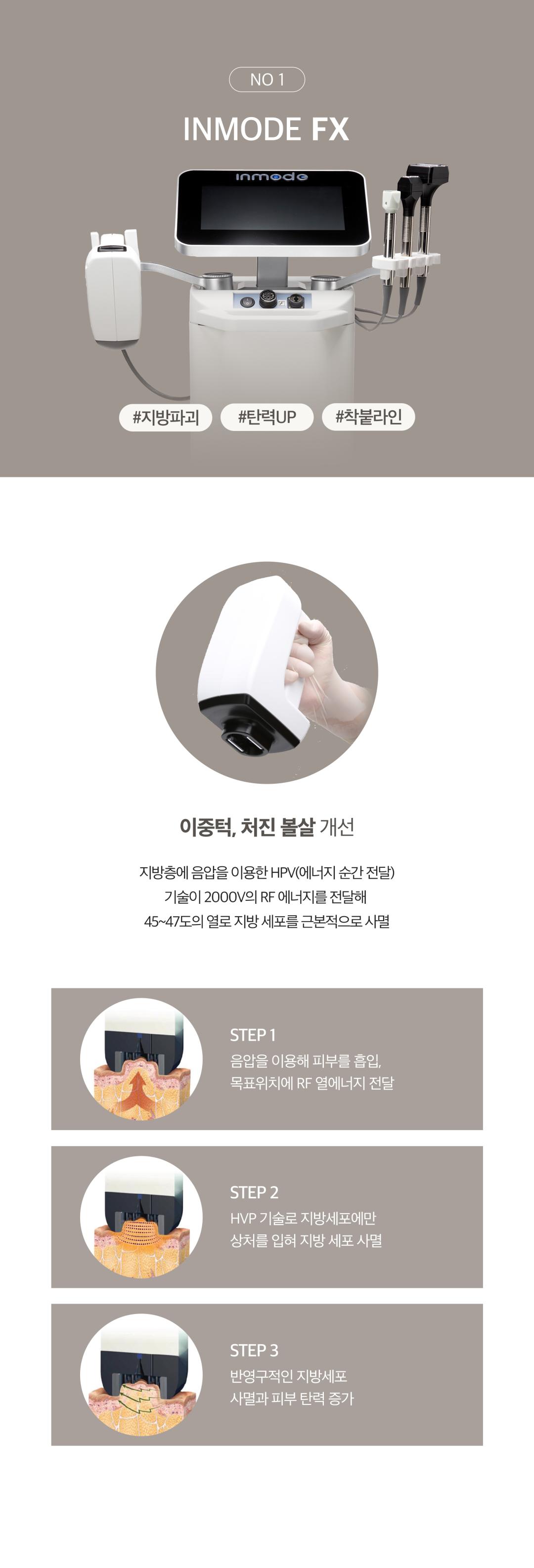 고주파 RF 에너지를 특허받은 기술을 통해
불필요한 지방을 파괴하고 지방이 빠진자리의 탄력을 끌어올려
V라인을 만드는 지방파괴 리프팅
-HVP 기술로 지방층까지 제대로된 에너지전달
-지방파괴&리프팅&콜라겐재생을 한번에