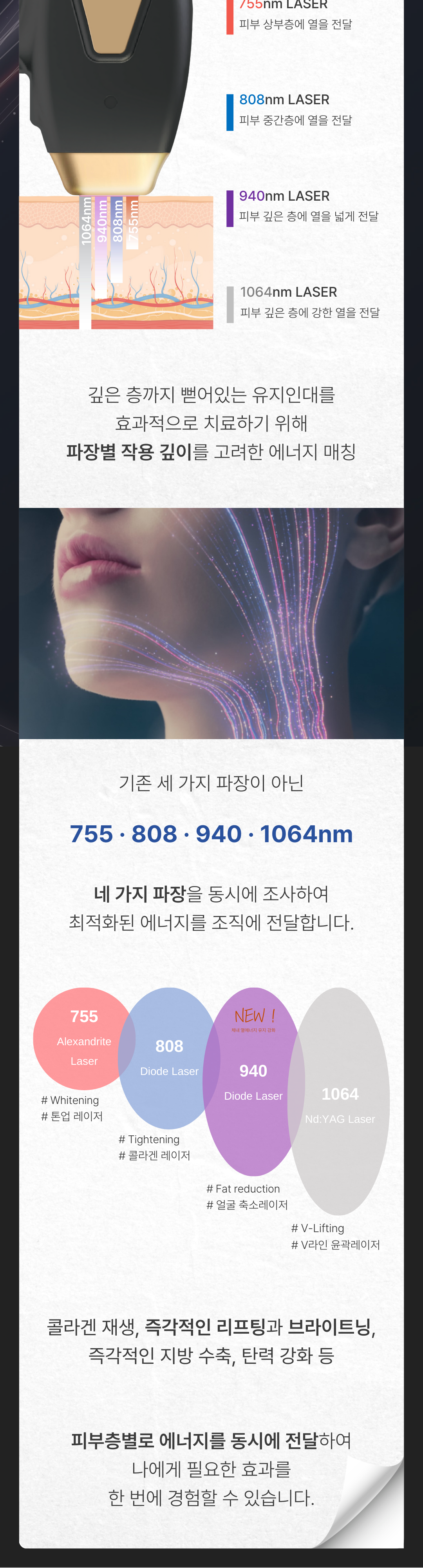 세계 최초
4가지 파장의 포트라 리프팅
포트라 리프팅?
포트라는 일정한 면적형태의 레이저 빔이 유지인대 부위에 열적 자극을 주어 새로운 콜라겐 생성을 유도하고 유지인대 조직이 다시 재생될 수 있도록 효과적으로 자극합니다.
유지인대?
얼굴의 생명나무라 불리며, 뼈의 골막부터 진피까지 피부탄력을 유지하도록 잡아주는 젊음 유지의 필수 조직입니다.
시술효과
1. 콜라겐 재생을 통한 리모델링
2. 즉각적인 리프팅 효과
3. 즉각적인 브라이트닝
4. 즉각적인 지방 수축
5. 피부 개선
6. 탄력 강화
효과 원리
1. 피부층별 에너지 매칭
- 755, 808, 940, 1064nm 피부층별로 에너지를 한 번에 전달
2. 에너지 전달 깊이 최대 10mm
- 유지인대 작용에 필요한 깊이까지 에너지 전달
3. 개인 피부 에너지값 맞춤 시술
- 에너지 강도와 전달 방식을 선택하여 개인 맞춤형 시술 가능
4. 시간당 토탈 에너지 증가
- 최적의 에너지를 빠르게 높여 리프팅 효과 극대화
5. 쿨링 시스템을 통해 피부 손상 없이 안전하게
오직 Project U 에서만?
Custom Lifting System으로 1:1 맞춤 시술이 진행됩니다
1. 3D 정밀 진단 - 피부 상세 분석
2. 고객 니즈 - 부위별 매칭값 점검
3. 의료진 1:1 맞춤 디자인 및 시술
