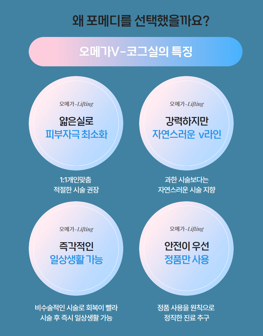 가장 자연스럽게 예쁘게 모양을 낼 수 있는 코그실인 오메가V실과,
올리쥬 리얼업 코그실을 이용해서 V라인, 심부볼을 개선합니다.
부작용, 이물감을 최소화한 스프링 실인 캐번2세대 잼버실을 이용해
팔자주름, 눈밑꺼짐, 볼패임 등에 부족한 볼륨을 채워주고, 필요한 부위를 자연스럽게 리프팅합니다.
환자분이 원하는 만큼과,
자연스럽게 예쁜 얼굴이 나올 정도를 잘 조율해서,
최선의 결과를 도출해내려고 노력하겠습니다.
저희 병원은 100% 예약제로 운영되어,
보다 나은 결과를 위해 하루에 환자를 많이 받지 않습니다.
최대한 오랜 상담시간, 오랜 마취시간,
그리고 지속적인 팔로우업 과정을 병행하겠습니다.
1인실 준비되어 있고,
상담실장 없는 한의사 1:1 직접 상담만을 하고 있습니다.
