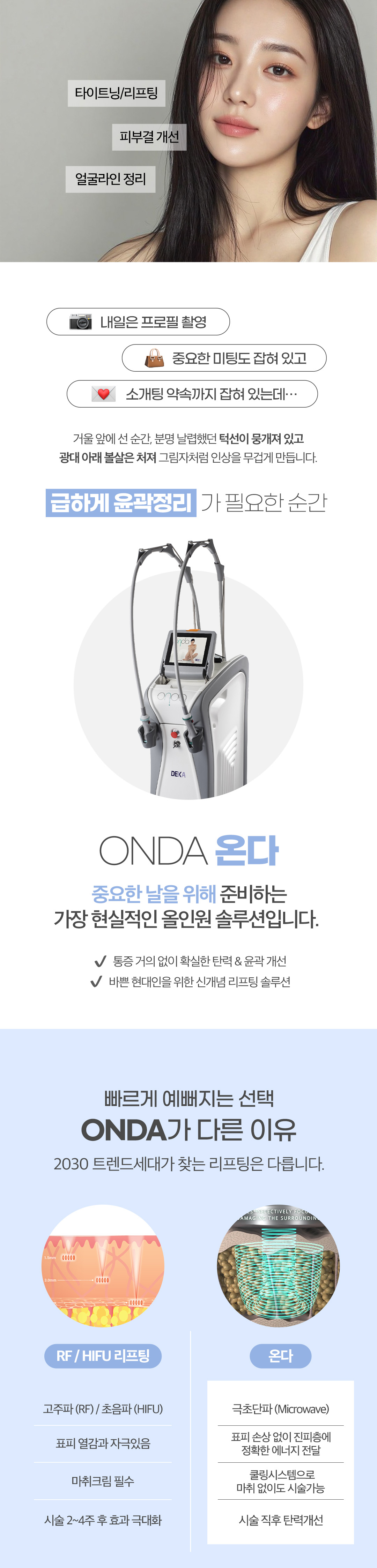 ONDA LIFTING 온다 리프팅
신개념 극초단파 리프팅 시스템

이탈리아 원조 장비 온다는
Microwave (극초단파) 에너지를 이용해
지방층부터 진피층까지 입체 타깃으로 작용합니다.

피부 탄력
윤곽 리프팅
라인 개선

3가지 효과를 동시에 기대할 수 있는
고주파 리프팅 시술의 새로운 기준입니다.

