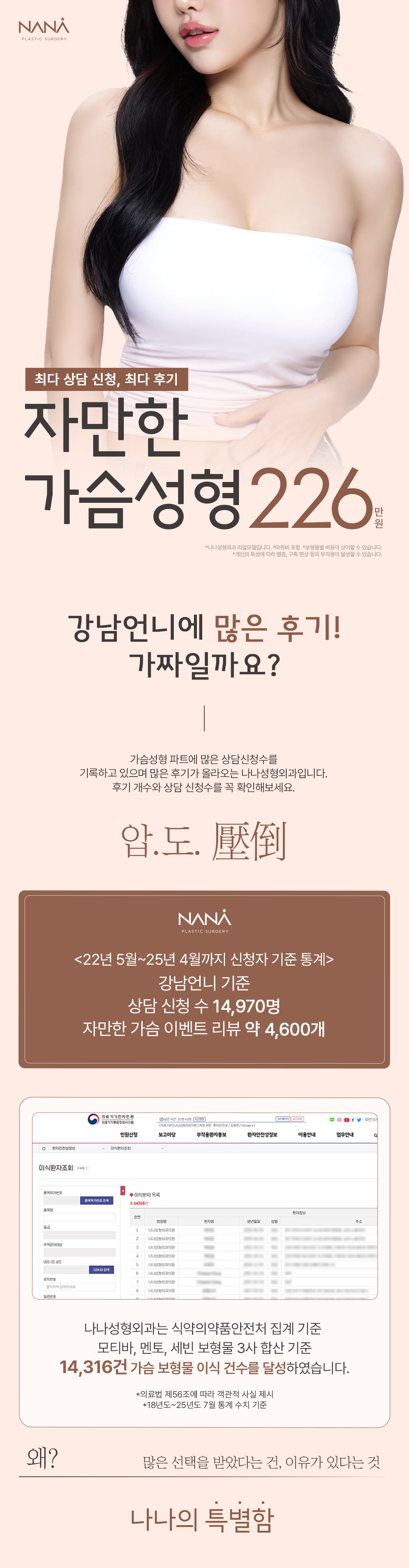 자연스럽고 풍만한 나나 커스터마이징 자만한 가슴성형
당일수술&퇴원 모양,촉감,안정성까지 OK