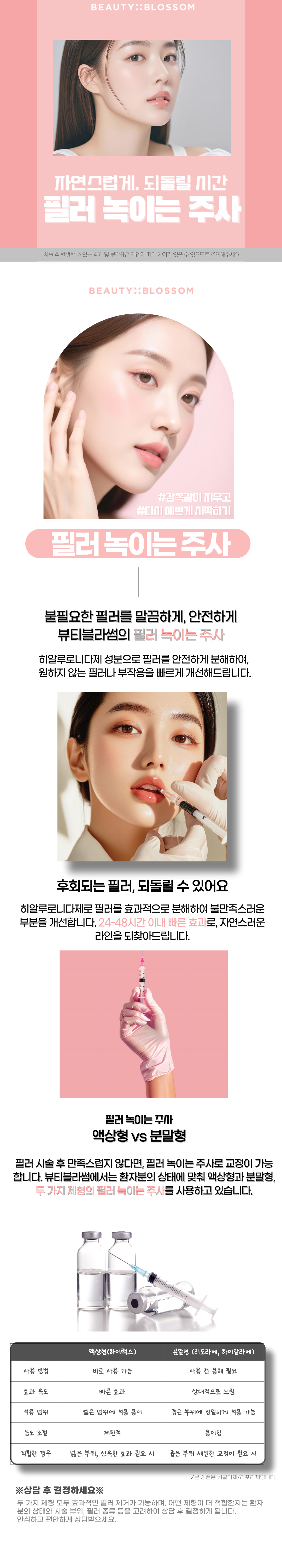 (마취비 포함)

-효과 및 원리:
히알라제는 히알루론산(HA) 성분으로 이루어진 필러에만 작용하여, 주입된 필러를 분해·흡수시킵니다.
히알루론산이 아닌 성분(PCL, PLLA, CaHA 등)으로 구성된 필러나 기타 이물질에는 반응하지 않으며, 이 경우 주사 후에도 분해 효과가 없을 수 있습니다.
필러 종류가 불확실한 경우, 반응 여부는 실제 시술 후 경과를 통해서만 확인이 가능합니다.

-효과 발현:
시술 직후부터 서서히 분해 반응이 시작되며, 최대 2주까지 히알루론산 필러 용해가 진행될 수 있습니다.
필러의 종류, 주입층 깊이, 잔존량 등에 따라 1회 시술만으로 완전히 녹지 않을 수 있으며, 필요 시 추가 시술이 이루어질 수 있습니다.
또한 히알라제는 필러를 ‘부분적으로만’ 선택적으로 녹이는 것이 불가능하므로, 주변 부위의 필러에도 영향을 미칠 수 있습니다.

-스킨테스트 및 알레르기 안내:
히알라제 시술 전에는 반드시 스킨테스트(피부 반응 검사)를 시행하여 알레르기 유무를 확인합니다.
테스트 결과 알레르기 반응이 확인될 경우 시술이 제한되거나 불가할 수 있습니다.

-부작용 및 주의사항:
1. 시술 부위의 일시적인 통증, 붓기, 멍이 생길 수 있으나 대부분 3~7일 내 호전됩니다.
2. 0.1% 미만의 드문 알레르기 반응이 발생할 수 있습니다.
3. 시술 부위는 3일간 압박, 사우나, 격한 운동, 음주를 피해주세요.
4. 일시적인 함몰감, 비대칭감, 울퉁불퉁한 촉감 변화가 있을 수 있으나 이는 분해 과정 중 일시적 현상일 수 있습니다.
5. 히알루론산 필러 외 타 필러(PCL, PLLA, CaHA 등)에 반응이 없을 경우, 해당 성분에 맞는 제거 시술이 가능한 전담 의원으로 내원하셔야 합니다.