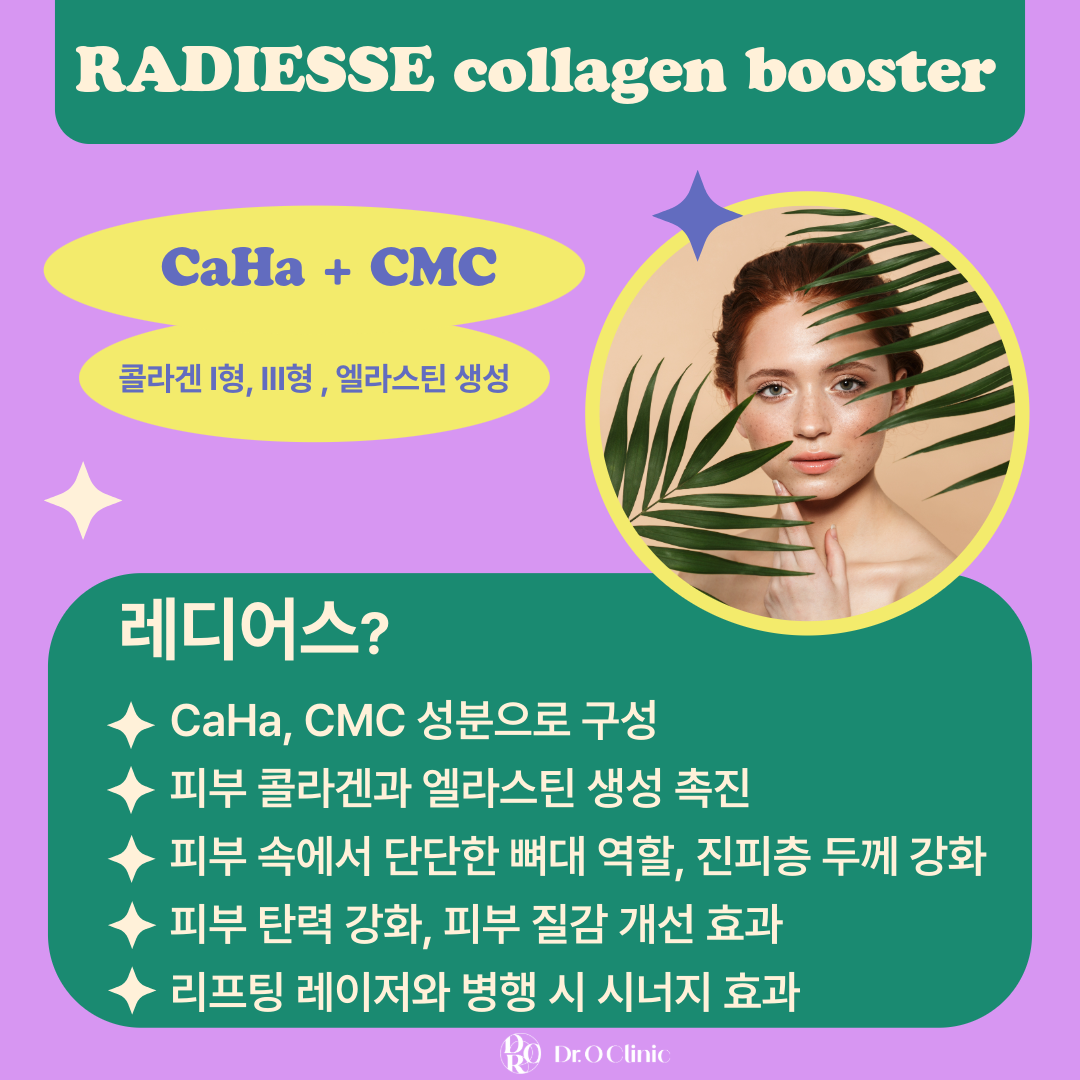 레디어스란, 칼슘아파타이트 와 CMC 성분으로 구성된 콜라겐 부스터로서, 
고객의 니즈에 맞춰 희석비율을 달리하면서 시술을 진행합니다. 

이번 이벤트는, 스킨 질감과 보습, 탄력, 잔주름 개선의 목적이기 때문에
6cc로 희석해 피부 전체에 골고루 깔아주는 방식으로 시술 합니다. 

크림마취 후 둥근바늘을 이용해 피부 전체에 시술하기 때문에
바늘자국이나, 멍자국은 최소화할 수 있으며, 시술한 티가 나는 다운타임이 짧습니다.
간혹, 노란 멍이 1-2주 간 지속되는 경우도 있으나 가벼운 메이크업으로 가려지는 정도 입니다. 

레디어스의 칼슘성분은 인체내에서 흡수되면서 사라지지만 콜라겐 type 1, 3 , 엘라스틴 등을 만들어내
피부를 전체적으로 건강하고 탄탄하게 잡아주는 역할을 합니다. 
1회 시술 만으로도 만족도가 높은 시술 이며, 필요에 따라 1개월 간격으로 2회 시술을 진행하기도 합니다. 
이후 자세한 내용의 상담이 필요한 경우, 상담신청 후 내방해주시면 자세히 안내드리도록 하겠습니다. 