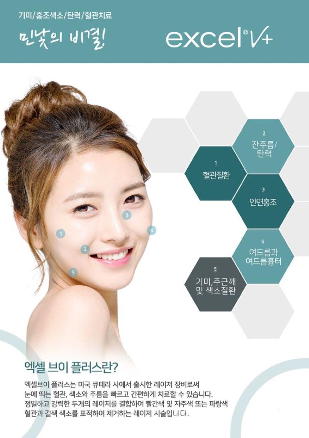 엑셀V 플러스 (Excel V Plus)
시술 원리

엑셀V 플러스는 미국 Cutera(큐테라) 社의 프리미엄 혈관·색소 레이저로,
532nm + 1064nm 이중 파장을 활용해
표피·진피 깊이에 위치한 붉은기, 모세혈관 확장, 색소(기미·잡티)를 선택적으로 타겟팅합니다.
균일한 레이저 에너지가 문제 부위에만 집중되며 주변 피부 손상을 최소화합니다.

효과
홍조·모세혈관 확장·붉은기 완화
기미·잡티·칙칙함 개선
여드름 자국(붉은 흔적) 완화
피부 결·톤 균일도 상승
피부 진정 & 광채 톤업 효과

시술 특징

정교한 냉각 시스템으로 통증 최소화
혈관·색소를 동시에 관리하는 듀얼 파장 장점
피부 타입·고민에 따라 1:1 맞춤 파라미터 설정
다운타임 거의 없어 즉시 일상생활 가능
엑셀V 플러스만의 균일하고 안정적인 조사 에너지

정품 사용 안내 (The Beautiful Clinic)

The Beautiful Clinic은
정품 큐테라 엑셀V 플러스 기기 100% 사용
레이저 팁·모듈 전부 정품 관리 체계 유지
피부 상태 분석 후 정량·정밀 에너지 설정으로
과하거나 부족함 없이 가장 안전한 결과를 만듭니다.

